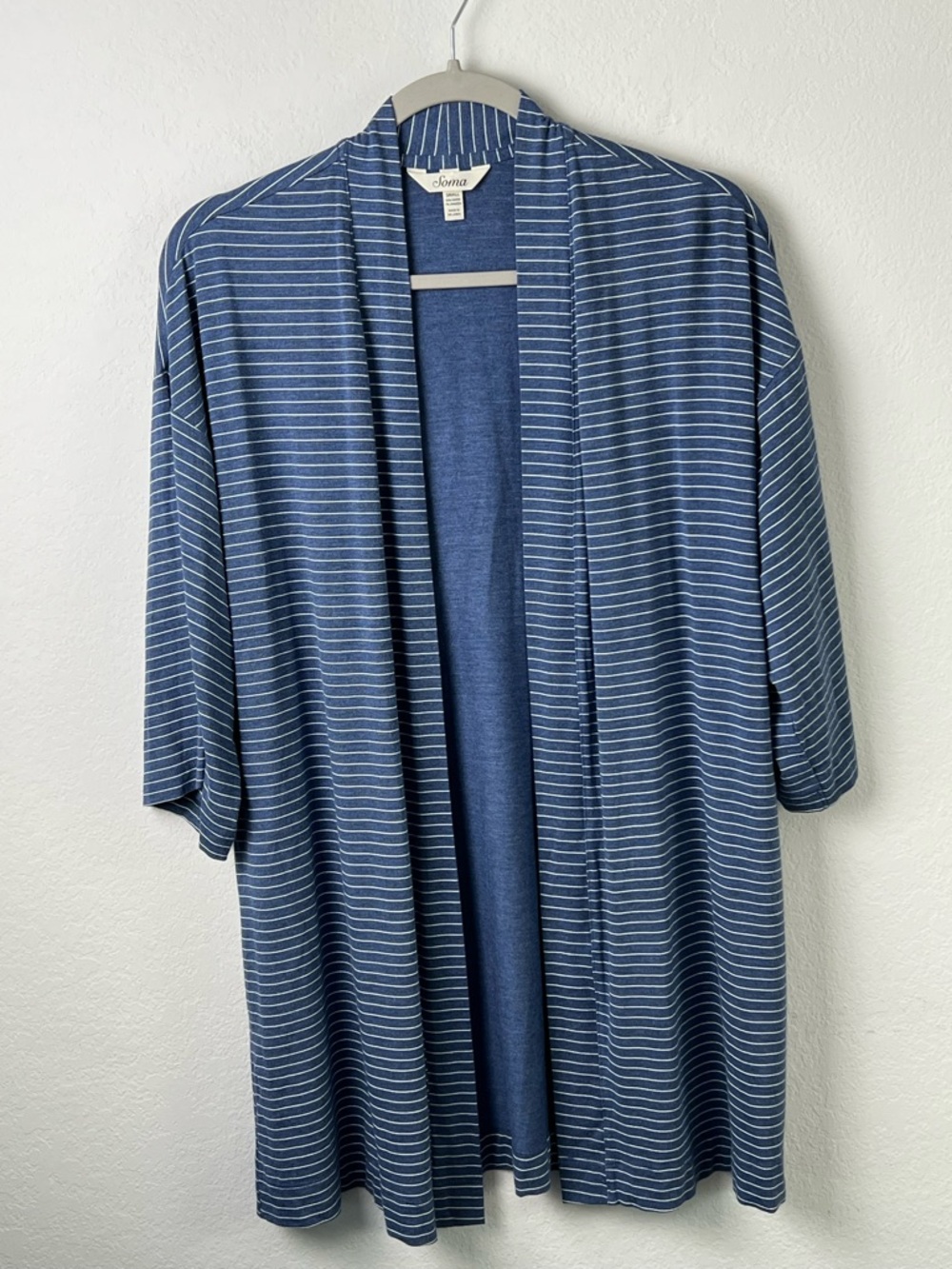 Soma Blue with White Stripes Rayon Spandex Open Front Cardigan